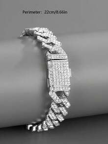 1pc 12mm Full Rhinestone Flip Clasp Rhombus Zirconia Bracelet, Personalized Hip Hop Cuban Chain Men's Full Rhinestone Bracelet, Suitable As A Gift - Multicolor - View 10