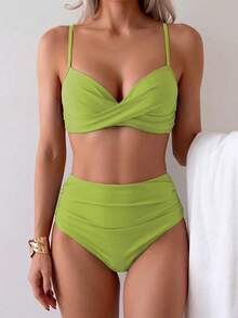 Summer Solid Color Elegant Bohemian Sweet Style Two Pieces Bikini Swimsuit Beach Vacation Set - Fruit Green - View 5