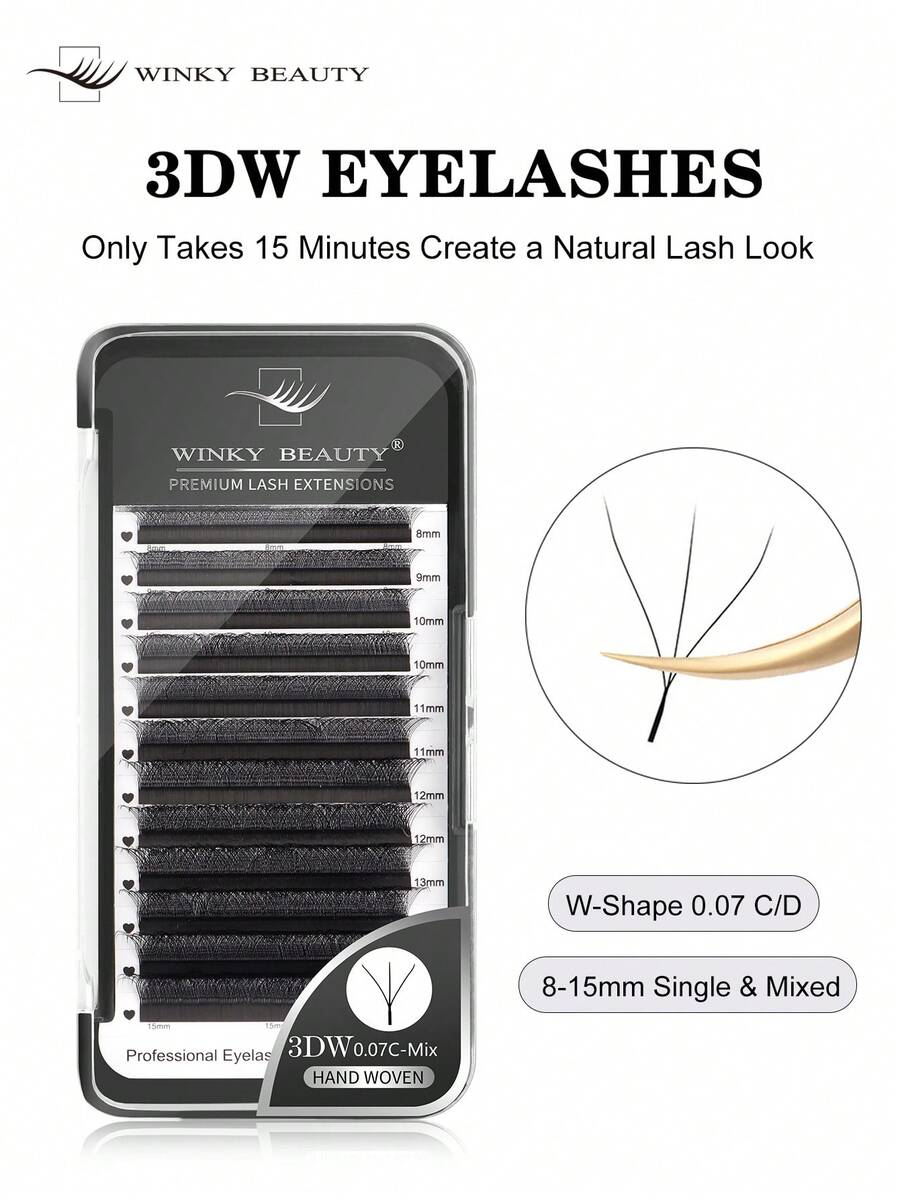Winky Beauty 3DW Shape Pre-Made Fan Eyelash Extensions 12 Rows 0.07mm W-Shape Auto-Bloom Single Eyelashes Dense Full Coverage Eyelash Clusters False Eyelashes
