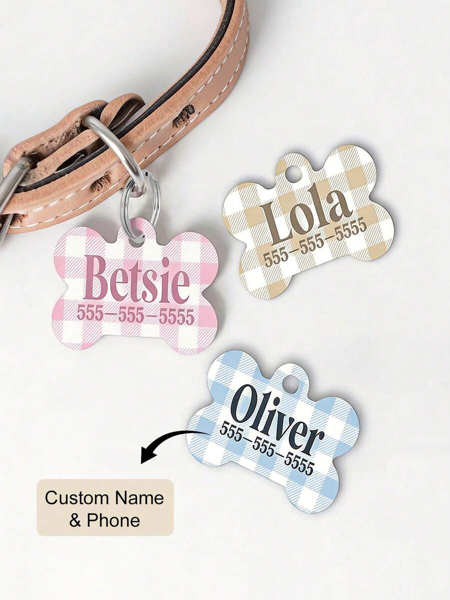 Custom Plaid Bone Pet Tag, Personalized Name & Phone Dog ID Tag