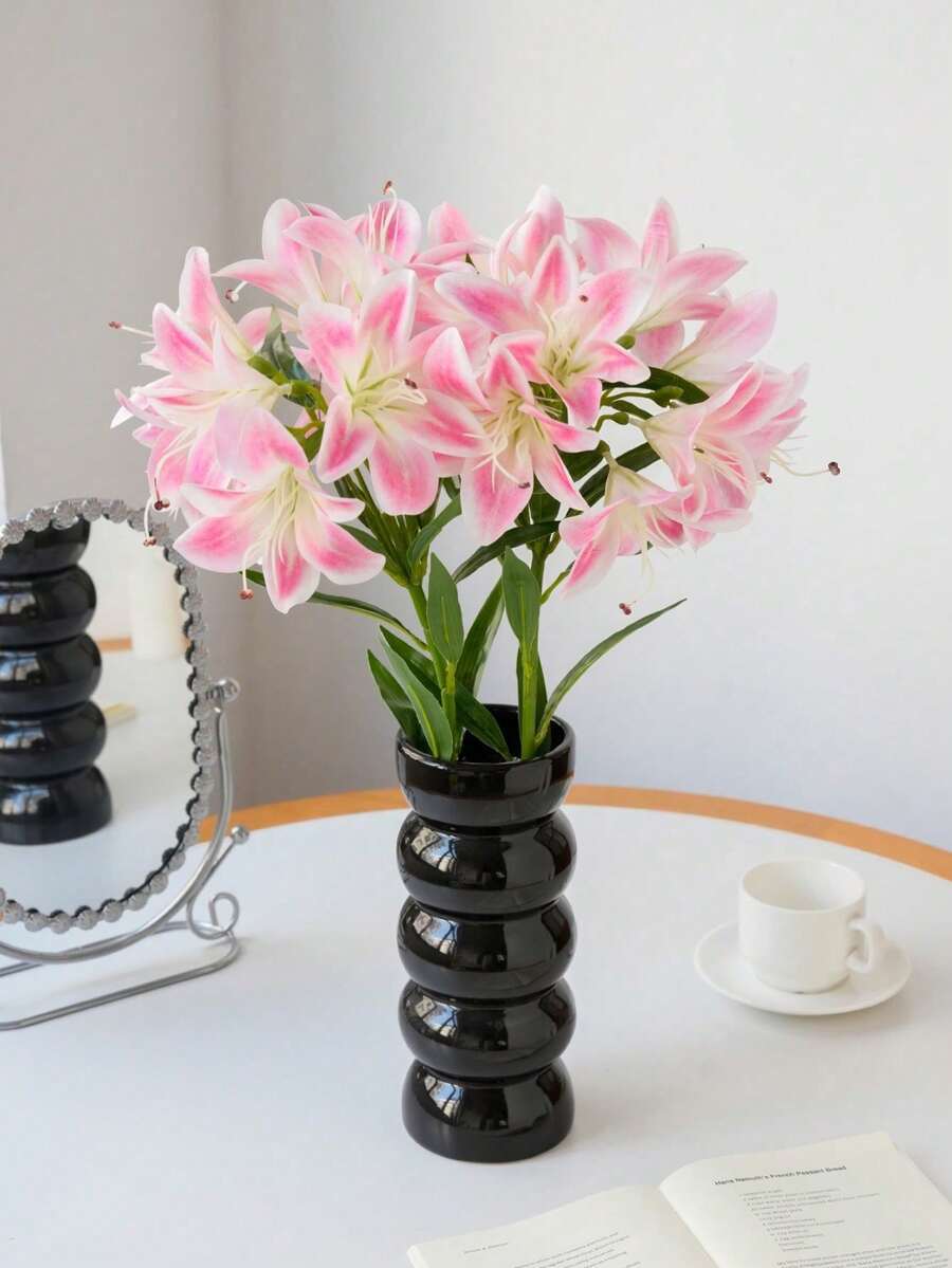 1件長莖10朵頭絲綢百合人造花,居家餐桌裝飾,婚禮裝飾,仿真花地插花藝 - 彩色 - 查看 1