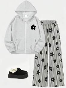 2pcs/Set Girls Hooded Zip-Up Sweatshirt With Floral Print, Paired With Casual Floral Striped Wide Leg Pants, Comfortable Autumn/Winter New Outfit - Light Grey - View 2
