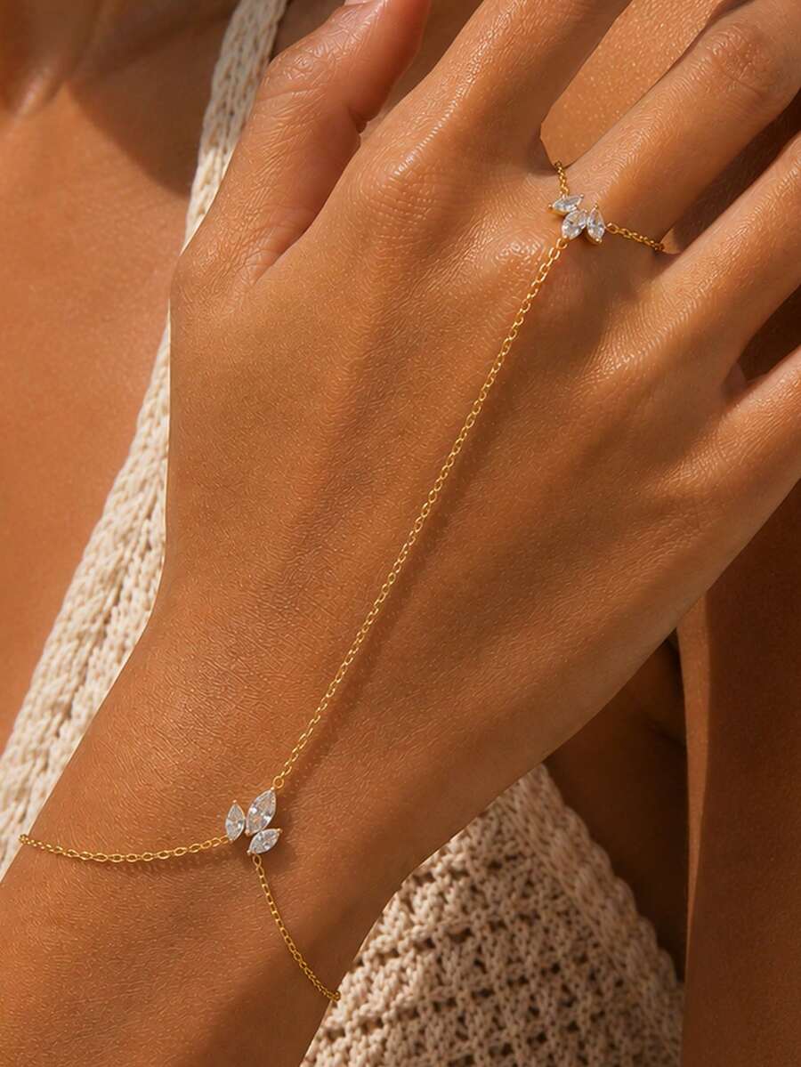 outingfit 1件金色花朵連指手鍊,極簡優雅女款手鏈,時尚手部飾品 - 金色 - 查看 1