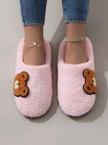 Cute Cartoon Embroidered Bear Plush Silent Soft Bottom Women's Indoor Slippers Floor Socks - Pink - View 1