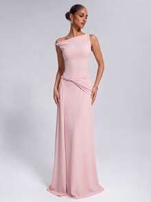 Elegant Blush Pink One Shoulder Dress Women Sleeveless Draped Maxi Dress For Wedding Guest Prom Summer Vacation Going Out Graduation - Baby Pink - View 6