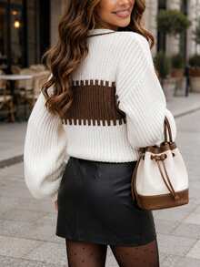 Suéter elegante y casual para mujer Marisole, de uso diario, cuello redondo, manga larga, diseño de contraste de color con estilo acanalado sofisticado y chic, otoño-invierno - Multicolor - Ver 3