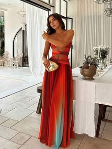 Gradient Hollow Out Bandeau Flowy Elegant Women's Maxi Dress, Suitable For Beach Vacation And Evening Party Wedding Fall - Orange - View 3