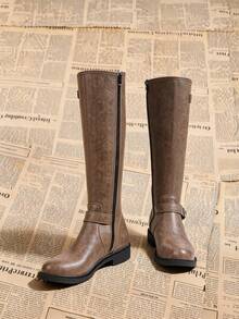 Fashion PU Leather Slimming Tall Boots For Women, Autumn/Winter New Side Zipper Mid-Calf Riding Boots - Khaki - View 3