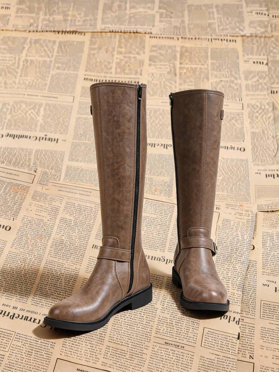 Fashion PU Leather Slimming Tall Boots For Women, Autumn/Winter New Side Zipper Mid-Calf Riding Boots - Khaki - View 1