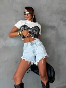 SQUALO Women's High Waist Gray Summer Distressed Denim Shorts With Frayed Hem - Blue - View 2