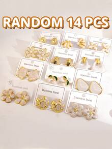 VceTd 8/12/14/16/24PCS Random Women's Earring Set, Decorated With White Enamel Craft, Gentle Girl Style Stainless Steel Stud Earrings Suitable For Women To Wear During Beach Vacation Or Casual Occasions - Yellow Gold - View 8