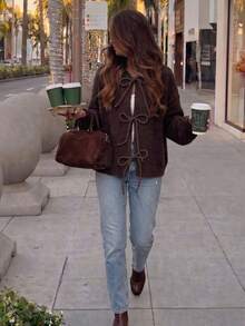 Cardigan Rajut Lengan Panjang Wanita Model Vintage dengan Ikatan Depan, Jaket Sweater Hangat & Serbaguna untuk Musim Gugur/Dingin - Coffee Brown - View 1
