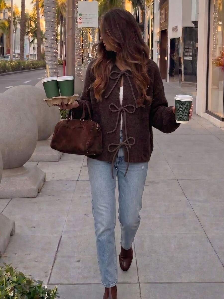 Cardigan Rajut Lengan Panjang Wanita Model Vintage dengan Ikatan Depan, Jaket Sweater Hangat & Serbaguna untuk Musim Gugur/Dingin - Coffee Brown - View 1