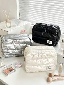 1pc/8pcs Quilted Fluffy Metallic Makeup Bag, Large Capacity Zipper Cosmetic Storage Bag With Label Decoration, Soft Portable Travel Toiletry Organizer, Fashionable Women's Makeup Bag, Suitable For Daily Life, Short Trips And Vacation - Multicolor - View 10