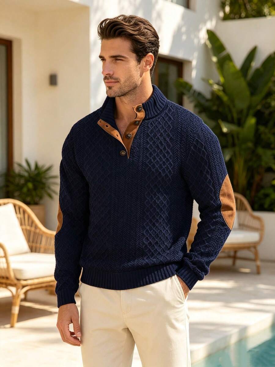 Men's Jacquard Colorblock Patchwork Stand Collar Pullover Sweatshirt, Autumn/Winter Vintage Button Knit Sweatshirt, Daily Commute Layering Sweatshirt