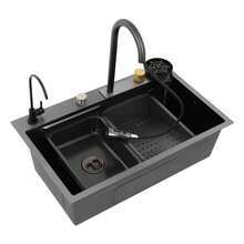 Évier de cuisine en acier inoxydable anthracite, avec accessoires complets : robinet extractible, robinet filtre, égouttoir, planche à découper et égouttoir à tasses. Convient pour la maison, le restaurant, le bar, le garage et l'appartement. Dimensions : 68 * 45 * 21 cm. - Gris anthracite - Voir 7