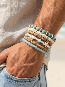 6pcs Boho Ocean Style Coconut Shell Beaded Bracelet Set, Starfish & Shell Pendant, Charming Jewelry For Men Beach Party Vacation - 6-piece Set - View 15