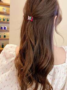 Metal Strip Rhinestone Mini Cherry Hair Clip, Women Girls Cute Rhinestone Claw Clip, Small Cherry Claw Clip For Half-Up Ponytail, Decorative Rhinestone Hair Accessory - Multicolor - View 4