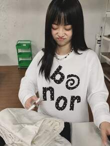Y2K韓系新款女款波點字母印花休閒寬鬆長袖T恤上衣 白色 - 白色 - 查看 1
