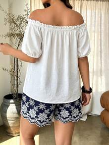 Plus Size Women's Spring/Summer Casual Commute Set, Matching Top And Bottom, Contrast Color Dual-Tone Cotton Fabric With Embroidery - Multicolor - View 5