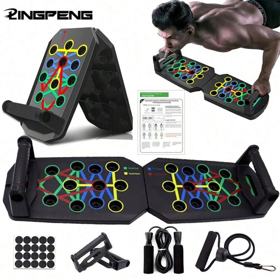 Multifunctional Foldable Color-Coded Push-Up Board Set With Resistance Bands, Grip Strengthener, Jump Rope And Anti-Slip Stickers, 20-In-1 Muscle Group Push-Up Trainer With Color-Coded Holes, Home Chest Shoulder Back Triceps Full Body Muscle Shaping Fitness Equipment; Suitable For Home Indoor Fitness Workout, Small Apartment Home Exercise, Portable Hotel Training