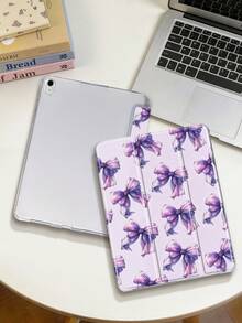 1件紫色蝴蝶結平板電腦保護殼，相容於 iPad Mini 4/5/6/7/Air/Air 2/9.7/10.2/10.5/10.9 (Air 4-Air 8)/Pro 11/10th Gen/A16/Pro 11 2024，相容於 Galaxy A8 機型，彩繪圖案平板保護殼，軟殼，三折支架，自動休眠/喚醒，內置筆槽，不含筆 - 彩色 - 查看 3
