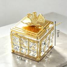 Luxury Square Cut Crystal Sugar Bowl With Ginkgo Leaf Lid And Pearl Spoon, Metal Frame Glass Sugar Jar With Spherical Feet, Decorative Kitchen Canister, Coffee Bar, Home Afternoon Tea, Dining Table Decor - Gold - View 7
