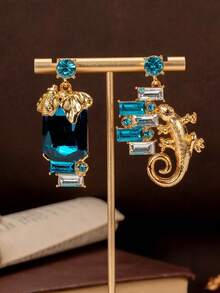 1 Pair Blue Geometric Square Rhinestone Earrings With Multi-Element Leaf Design, Christmas Accessory, Suitable For Women's Daily Wear - Blue - View 6