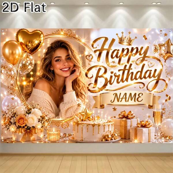 1 pieza Pancarta de impresión Hermosa Pancarta de fiesta de cumpleaños con tema dorado personalizable con foto y nombre Fondo de cumpleaños adecuado para decoración de fiesta de cumpleaños interior personalizada, 2D plano