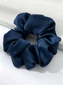 1pc Women's Simple Fashion Large Satin Scrunchie Solid Color Elegant Hair Accessory - Navy Blue - View 1