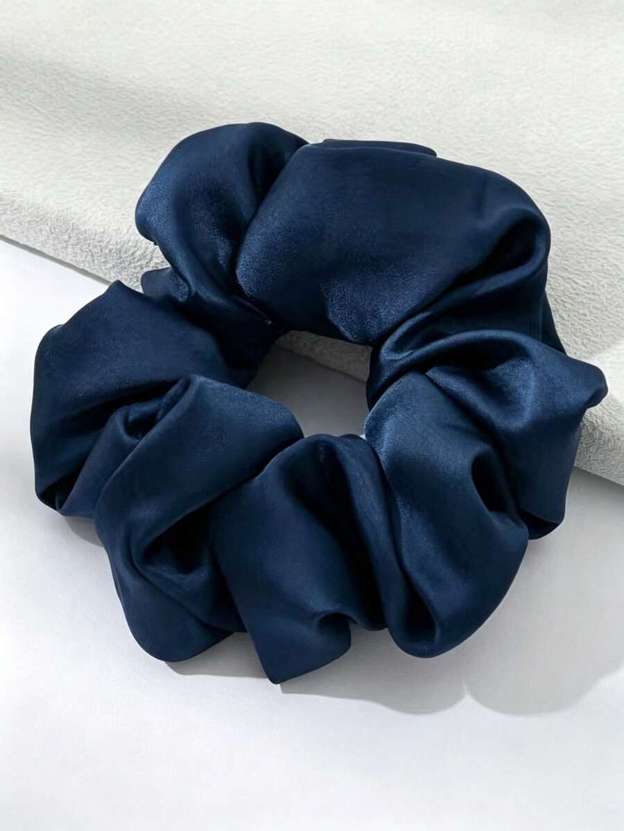 1pc Women's Simple Fashion Large Satin Scrunchie Solid Color Elegant Hair Accessory - Navy Blue - View 1