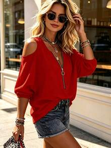 Women's Cold Shoulder Top, Casual Vacation Style, Solid Color, Front Zipper, Short Sleeve T-Shirt - Red - View 1