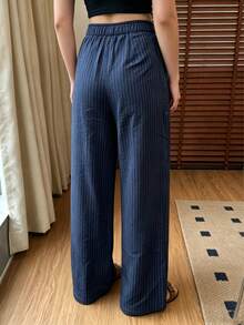 Women's Casual Versatile Striped Pocket Long Pants For Daily Wear - Navy Blue - View 5