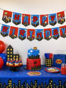 1 Set Happy Birthday Paper Triangle Bunting Banner, City Architecture Grid Pattern Flag Garland, Red & Blue Cartoon Theme Hanging Decoration, Suitable For Birthday Party, Theme Party, Indoor/Outdoor Wall Decor And Photo Backdrop Props - View 4