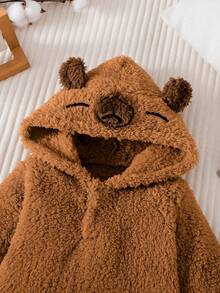 H HIBOBI 2pcs/Set Baby Boy Capybara Plush Hooded Outfit, Autumn/Winter Warm Fleece Jacket + Pants Casual 2 Pieces Set 12M-4Y - Brown - View 7