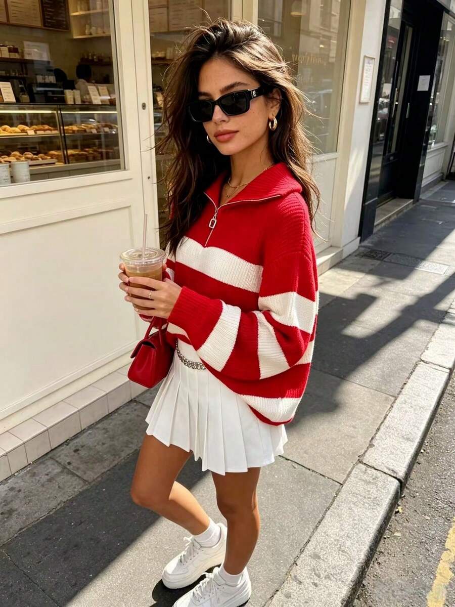 秋冬新款方形拉链女条纹针织毛衣，时尚高端简约可爱优雅套头衫百搭 - 紅色 - 查看 1