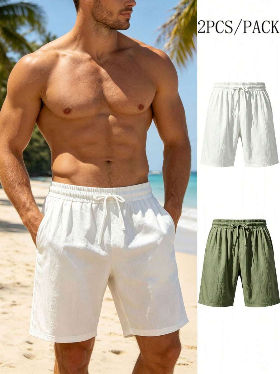 2pcs/Pack Men's Lightweight Breathable Linen Casual Shorts, Elastic Waist 5-Point Pants, Suitable For Daily / Vacation / Sports Wear - Army Green - View 1