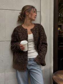 New Autumn/Winter Women's Casual Minimalist Leopard Print Round Neck Cardigan Jacket - Coffee Brown - View 3