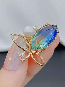 1pc Anti-Exposure Brooch For Women, Elegant Blue Pearl Butterfly Brooch Pin Accessory - Gold - View 1