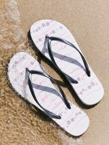 Grefit 女款夾腳拖鞋，夏季印花對比色夾腳拖，圓頭平底，休閒度假風，海灘涼鞋 - 黑白撞色 - 查看 1