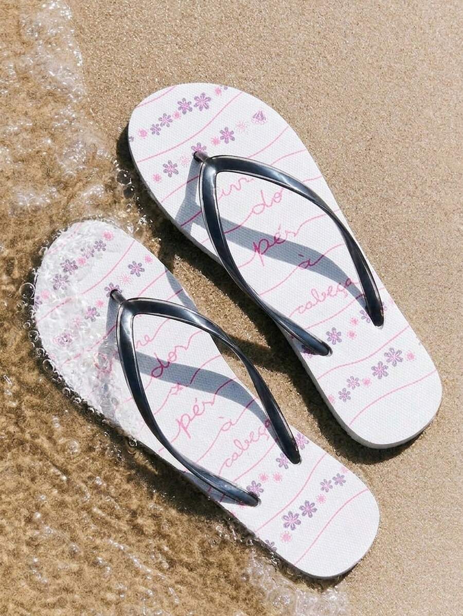 Grefit 女款夾腳拖鞋,夏季印花對比色夾腳拖,圓頭平底,休閒度假風,海灘涼鞋 - 黑白撞色 - 查看 1
