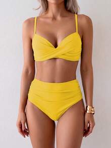Summer Solid Color Elegant Bohemian Sweet Style Two Pieces Bikini Swimwear Beach Vacation Set Yellow - Yellow - View 5