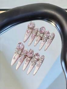10pcs Pink Slim Pointed High-End 3D Bow Pearl Glitter Rhinestone Camellia Gradient Durable Press-On Nails, Long European & American Style Removable Fake Nails For Women And Girls, With Storage Box, Gift Style - Baby Pink - View 3