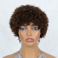 AMECIRE Wig Rambut Keriting Cokelat Wig Rambut Manusia Model Pixie Cut Wig Rambut Pendek Wanita dengan Poni Bentuk Mengembang 4 Inci Topi Jaring Elastis Cocok untuk Pemakaian Sehari-hari dan Liburan - S4 - View 8