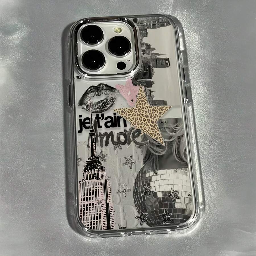 Capa de Celular: 1 Capa de TPU Transparente de Cobertura Total com Colagem da Moda e Estilosa, Estampa de Leopardo, Estrela e Moldura de Foto de Metal, Adequada para iPhone 11 12 13 14 15 16 17 Pro Max - Transparente - Visão 1