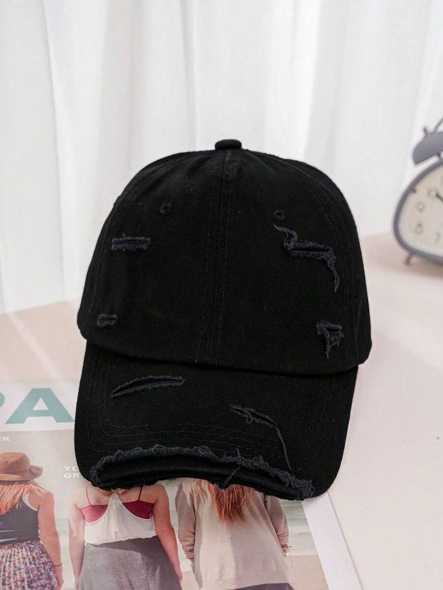 1pc Unisex Y2K Style Distressed Washed Baseball Cap, Suitable For Sports, Outfit, Sun Protection, Daily Commute, Outdoor Sun Protection Hat - Black - View 1