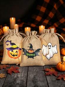 5pcs Halloween Burlap Drawstring Gift Bags Pumpkin Ghost Bat Pattern Candy Pouches Party Favor Storage Celebration Treats Holders Holiday Decor Packaging Supplies - Multicolor - View 2