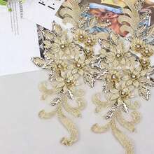 2件金色3D刺繡貼花配珠飾，婚紗配件，網紗蕾絲DIY表演服裝刺繡補丁/長度：39CM/寬度：16CM - 金色 - 查看 1