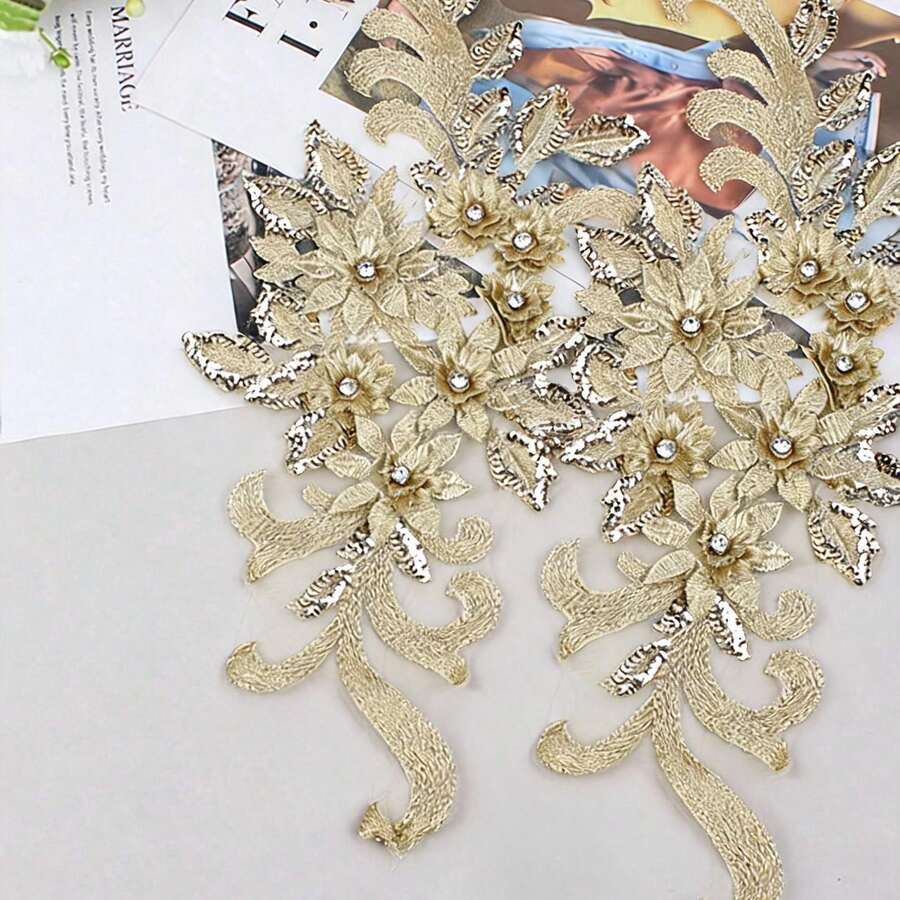 2件金色3D刺繡貼花配珠飾,婚紗配件,網紗蕾絲DIY表演服裝刺繡補丁/長度:39CM/寬度:16CM - 金色 - 查看 1
