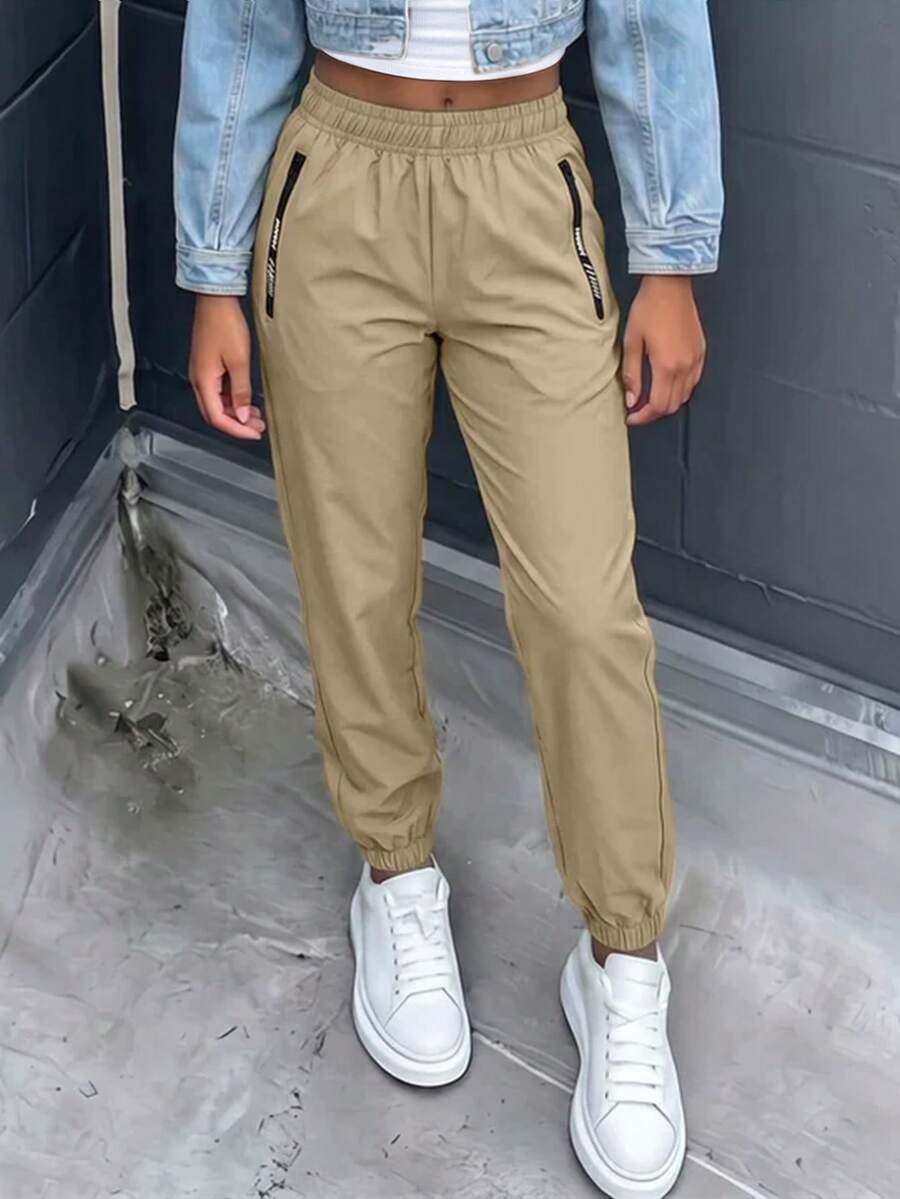 1pc Girls' Teen American Street Style Zipper Cuffed Casual Loose Sports Long Pants - Khaki - View 1
